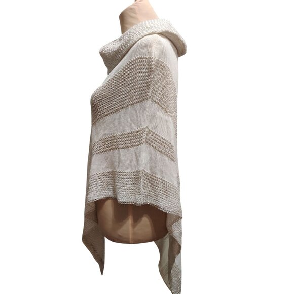 Belldini S M Ivory Metallic Knit Asymmetrical Poncho Sweater Cowl Neck Pullover - Picture 4 of 11